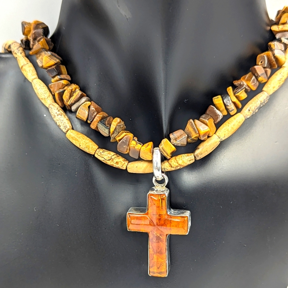 Amber Cross Sterling Silver On Tiger's Eye Chips & Jasper Bead Necklace Vintage